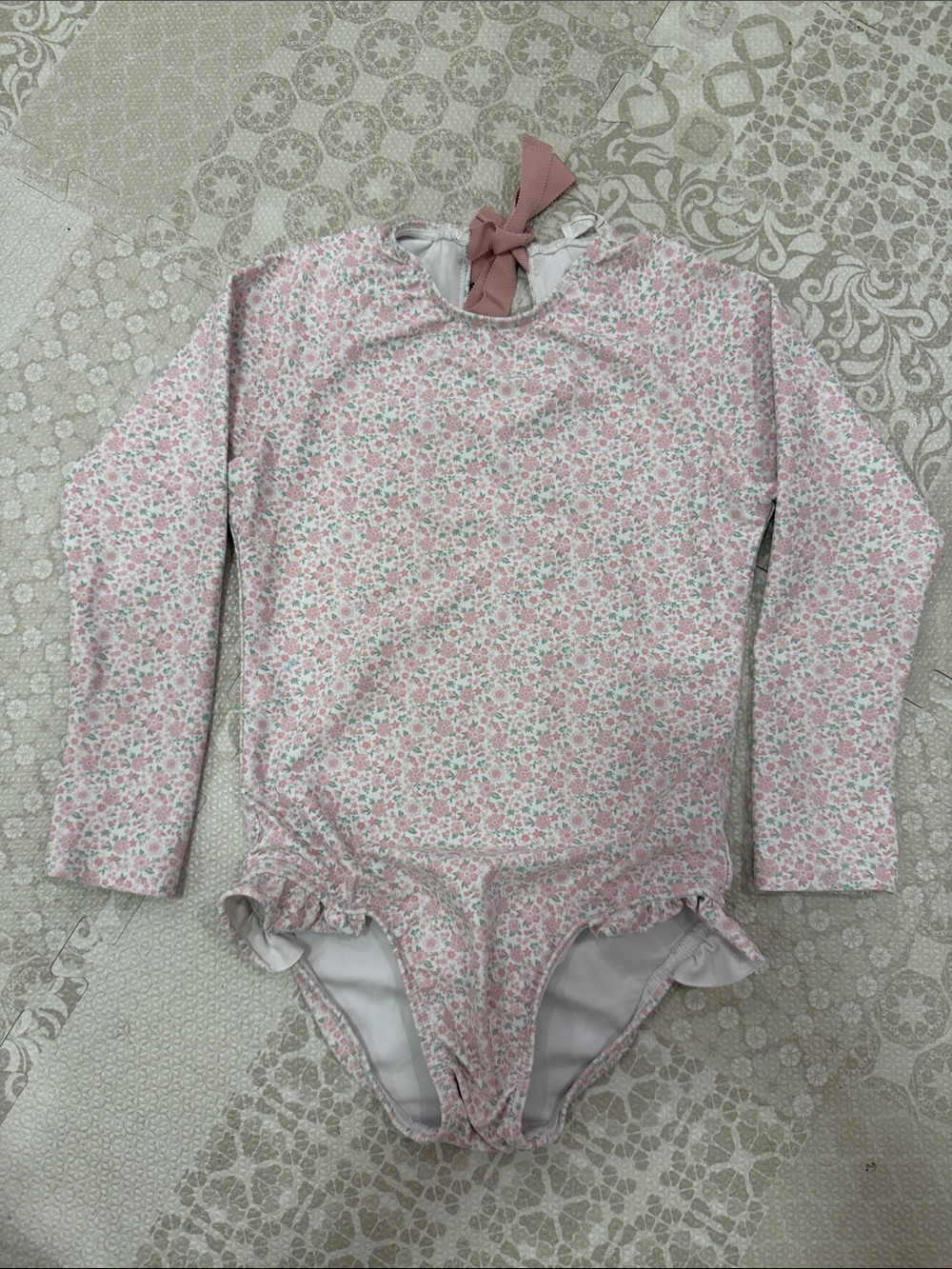 Long-Sleeve Pink Floral One-Piece Swimsuit with Back Bow